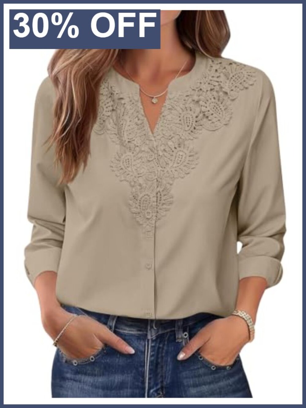 Womens Lace Trim V Neck Button Down Long Sleeve Blouse Business Casual